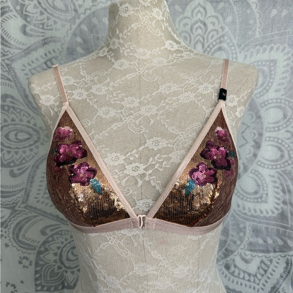 Nwt $29 Victorias Secret Bralette Bra Top Gold Pink Rose Floral Sparkle M Medium - Picture 1 of 9